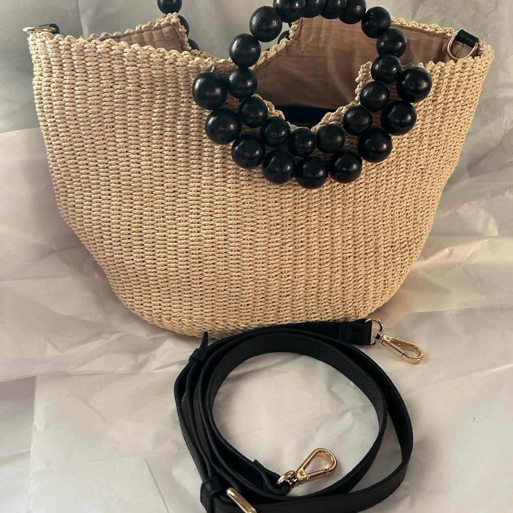 Chico's Woven Straw Satchel with Black lung strap and Wood bead handles